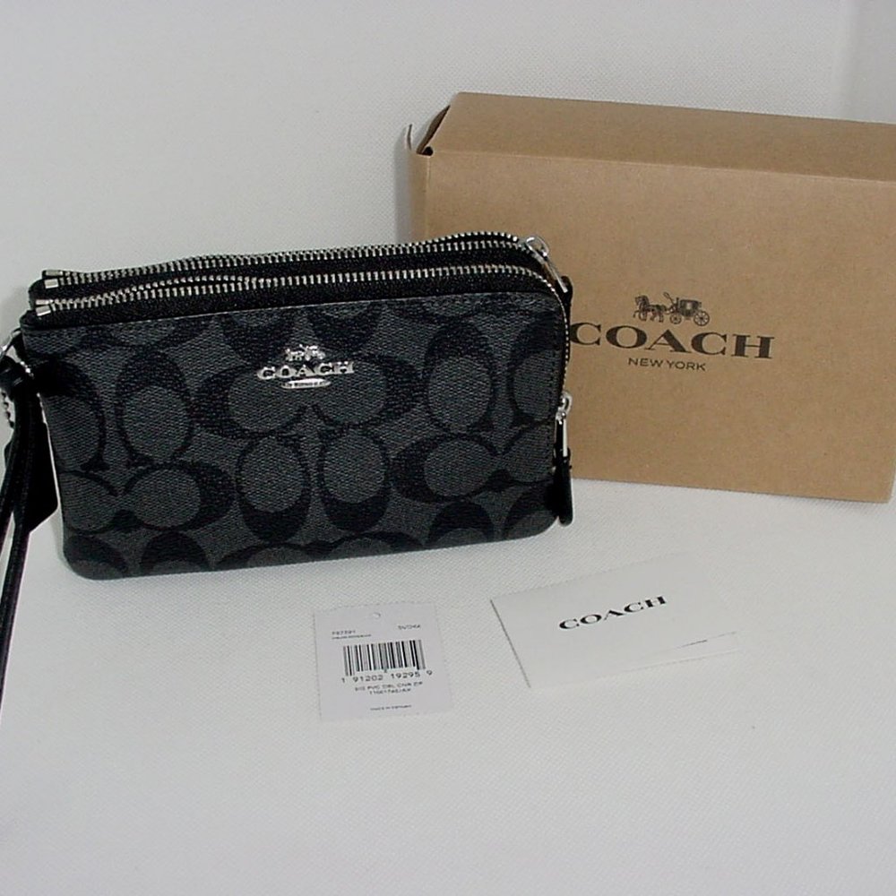Coach Signature PVC Double Corner Zip Wristlet Clutch ~ Smoke Black ~ NWT & Box